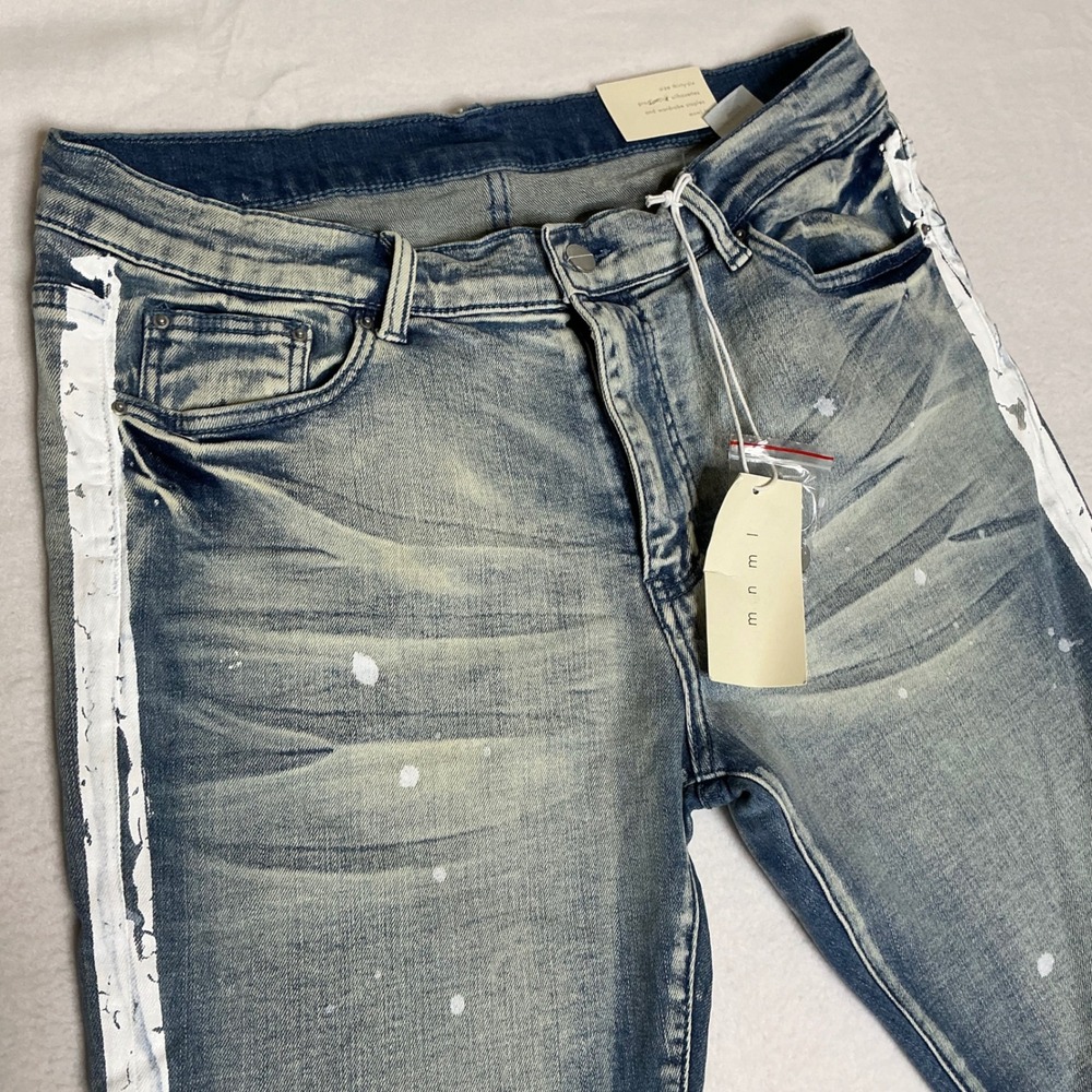 New Men's MNML Jeans x86 Stretch Track Skinny Light Blue Distressed Denim 36L